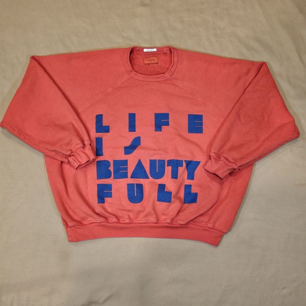 MOTHER Coral Pink Crewneck Sweatshirt with Blue Graphic